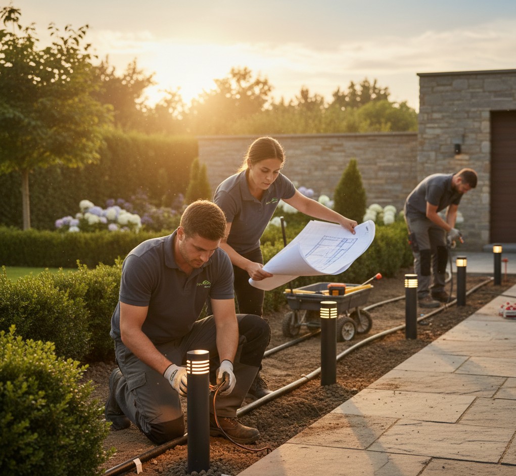 Our team working on garden installation